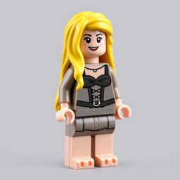 A Lego minifigure depicting a girl with long, bright blonde hair, wearing a gray dress with a black corset, and bare feet