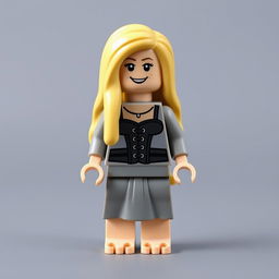 A Lego minifigure depicting a girl with long, bright blonde hair, wearing a gray dress with a black corset, and bare feet