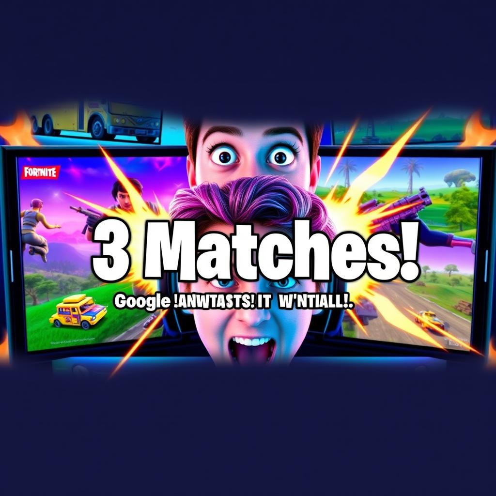 Colorful and dynamic YouTube thumbnail for a video titled "Playing 3 Fortnite Matches at the Same Time! Can I Win Them All?" featuring an excited gamer with wide eyes, surrounded by vibrant Fortnite elements like the Battle Bus, character skins, and in-game landscapes