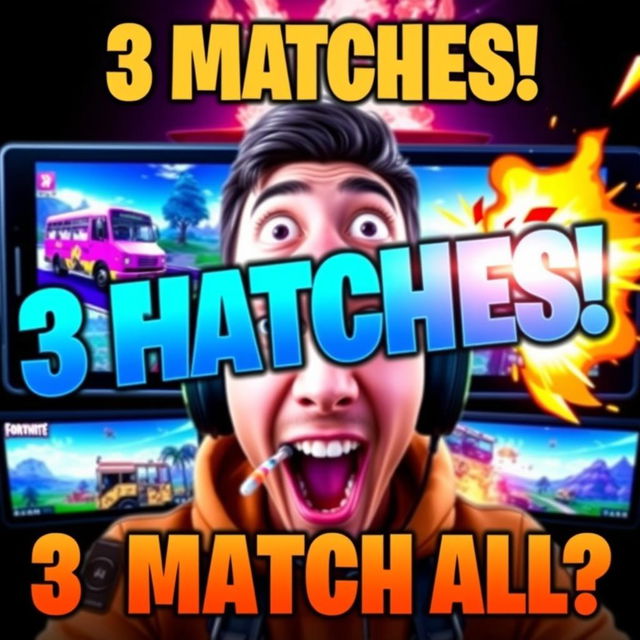 Colorful and dynamic YouTube thumbnail for a video titled "Playing 3 Fortnite Matches at the Same Time! Can I Win Them All?" featuring an excited gamer with wide eyes, surrounded by vibrant Fortnite elements like the Battle Bus, character skins, and in-game landscapes