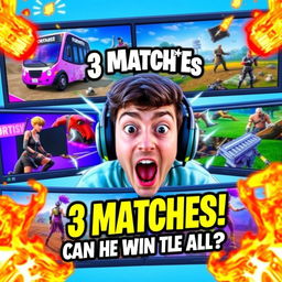 Colorful and dynamic YouTube thumbnail for a video titled "Playing 3 Fortnite Matches at the Same Time! Can I Win Them All?" featuring an excited gamer with wide eyes, surrounded by vibrant Fortnite elements like the Battle Bus, character skins, and in-game landscapes