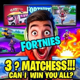 Colorful and dynamic YouTube thumbnail for a video titled "Playing 3 Fortnite Matches at the Same Time! Can I Win Them All?" featuring an excited gamer with wide eyes, surrounded by vibrant Fortnite elements like the Battle Bus, character skins, and in-game landscapes