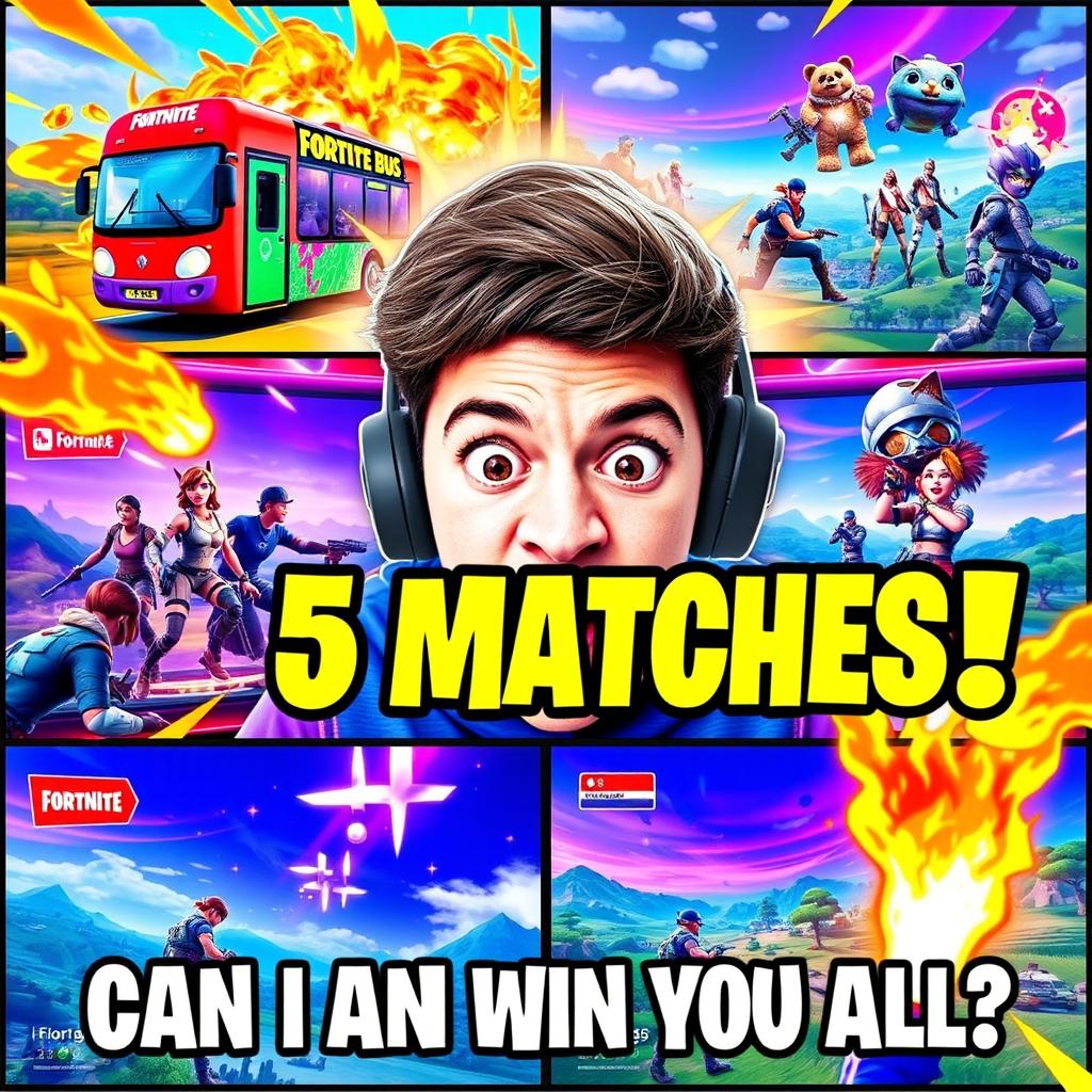 Colorful and dynamic YouTube thumbnail for a video titled "Playing 5 Fortnite Matches at the Same Time! Can I Win Them All?" featuring an excited gamer with wide eyes, surrounded by vibrant Fortnite elements like the Battle Bus, character skins, and in-game landscapes