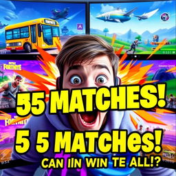 Colorful and dynamic YouTube thumbnail for a video titled "Playing 5 Fortnite Matches at the Same Time! Can I Win Them All?" featuring an excited gamer with wide eyes, surrounded by vibrant Fortnite elements like the Battle Bus, character skins, and in-game landscapes