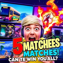 Colorful and dynamic YouTube thumbnail for a video titled "Playing 5 Fortnite Matches at the Same Time! Can I Win Them All?" featuring an excited gamer with wide eyes, surrounded by vibrant Fortnite elements like the Battle Bus, character skins, and in-game landscapes