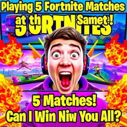 Colorful and dynamic YouTube thumbnail for a video titled "Playing 5 Fortnite Matches at the Same Time! Can I Win Them All?" featuring an excited gamer with wide eyes, surrounded by vibrant Fortnite elements like the Battle Bus, character skins, and in-game landscapes