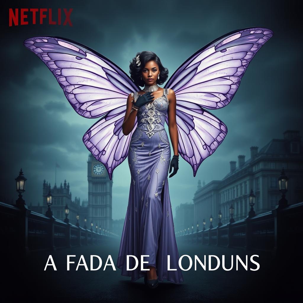 Netflix movie poster featuring a full-body Afro-descendant woman as "A Fada De Londres"