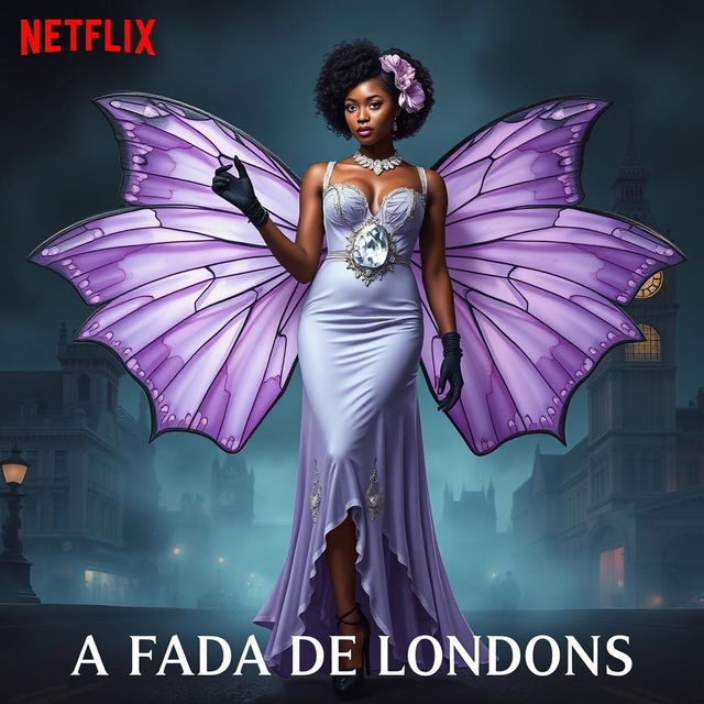 Netflix movie poster featuring a full-body Afro-descendant woman as "A Fada De Londres"