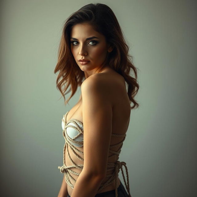 A beautiful real woman with an alluring expression, tied up with intricate rope bondage that accentuates her body