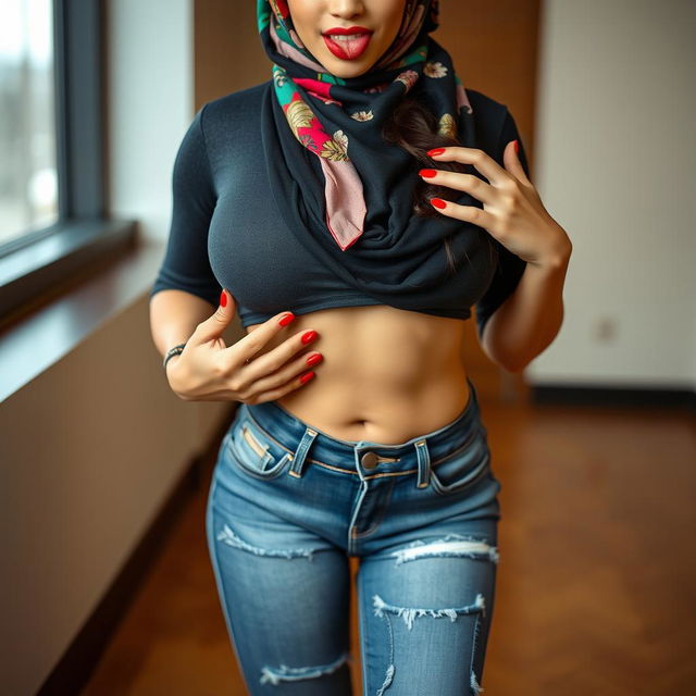 an attractive Asian woman wearing tight jeans with ripped crotch, stylish high heels, and a colorful hijab