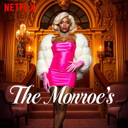 Netflix movie poster titled 'The Monroe's', featuring a full-body view of a Black woman with short, wavy, platinum blonde hair