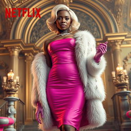 Netflix movie poster titled 'The Monroe's', featuring a full-body view of a Black woman with short, wavy, platinum blonde hair