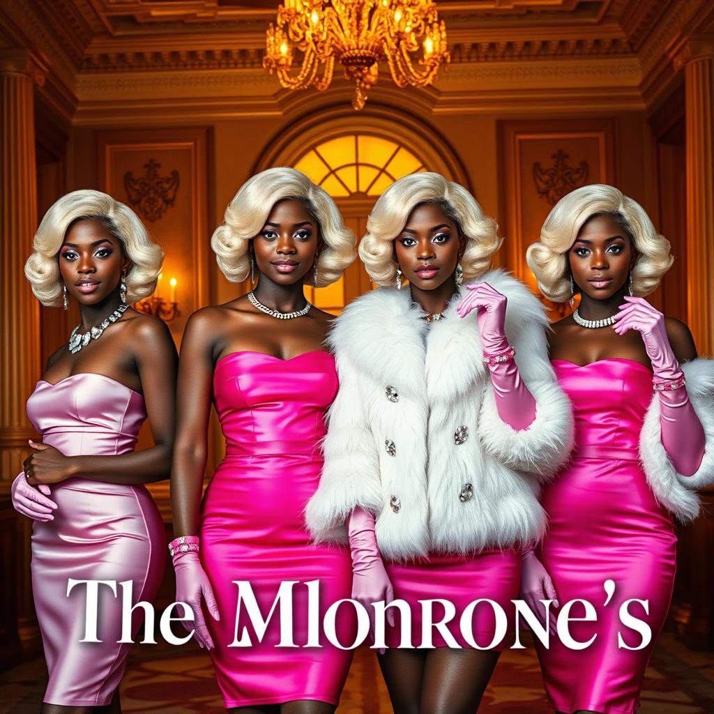 Movie poster style featuring four young Black women with short, wavy platinum blonde hair