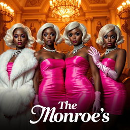 Movie poster style featuring four young Black women with short, wavy platinum blonde hair