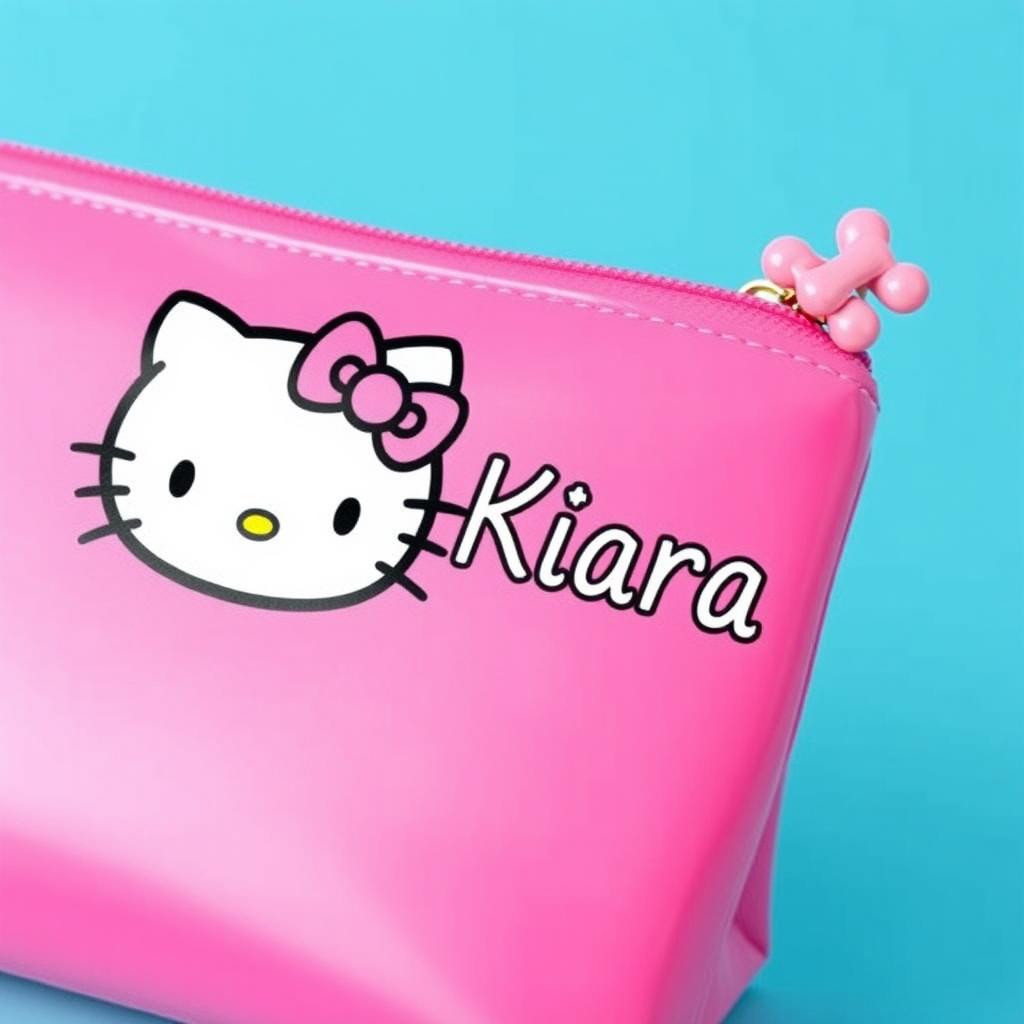 A pencil case designed in the style of Hello Kitty, featuring Hello Kitty's iconic face and bow