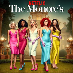 Create a Netflix movie poster titled 'The Monroe's' featuring two young Black women and two young White women, each with distinct hairstyles