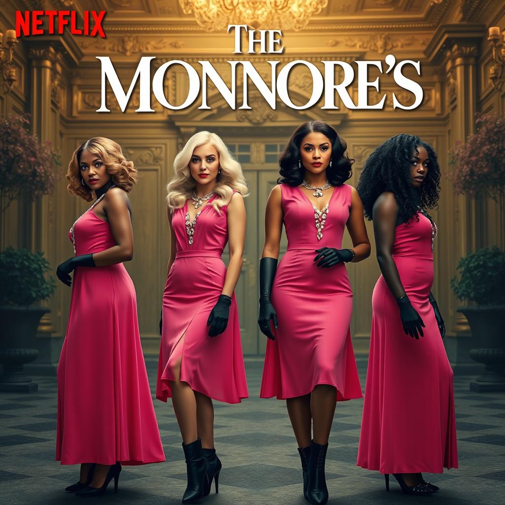 Netflix movie poster titled 'The Monroe's' featuring four young women, a mix of black and brown-skinned characters