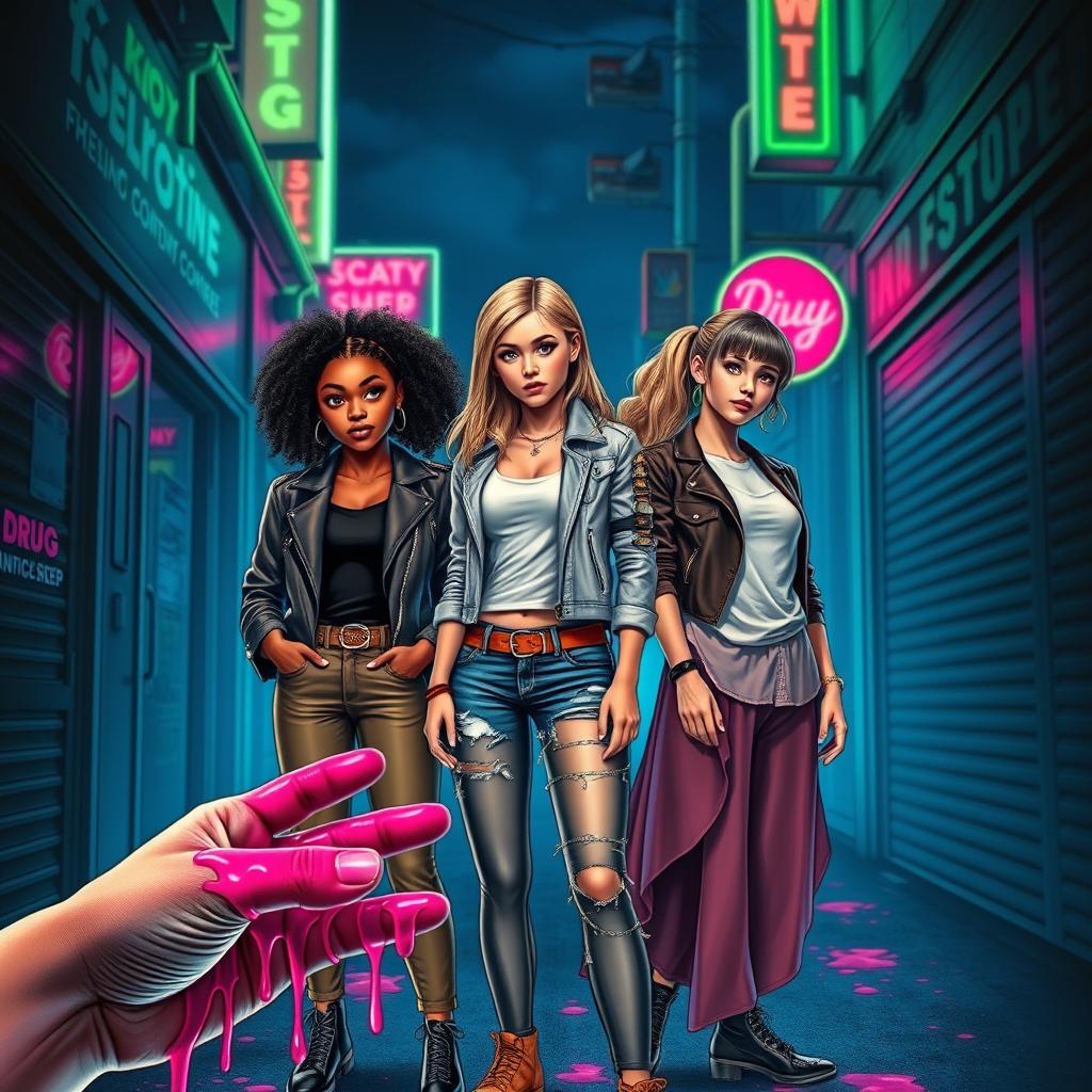 Cover of a book set in a dark alley with a deep blue backdrop, adorned with neon signs in vibrant pink and green, reminiscent of shops and fast-food joints