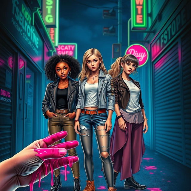 Cover of a book set in a dark alley with a deep blue backdrop, adorned with neon signs in vibrant pink and green, reminiscent of shops and fast-food joints