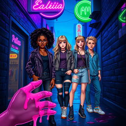 Cover of a book set in a dark alley with a deep blue backdrop, adorned with neon signs in vibrant pink and green, reminiscent of shops and fast-food joints