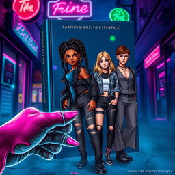 Cover of a book set in a dark alley with a deep blue backdrop, adorned with neon signs in vibrant pink and green, reminiscent of shops and fast-food joints