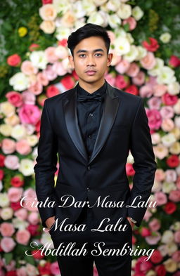 A striking Indonesian handsome man standing confidently in a black formal outfit