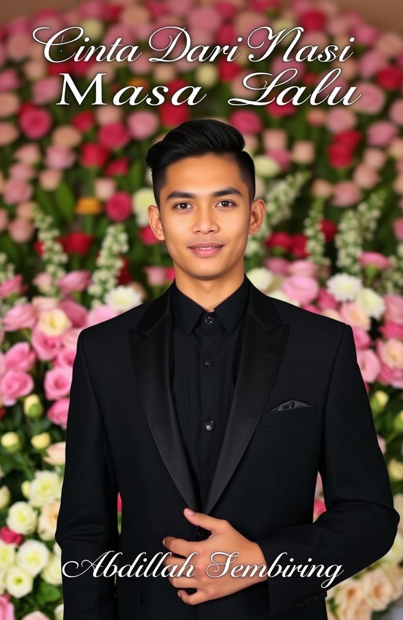 A striking Indonesian handsome man standing confidently in a black formal outfit