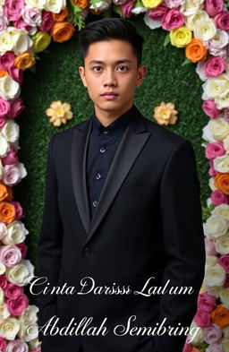 A striking Indonesian handsome man standing confidently in a black formal outfit