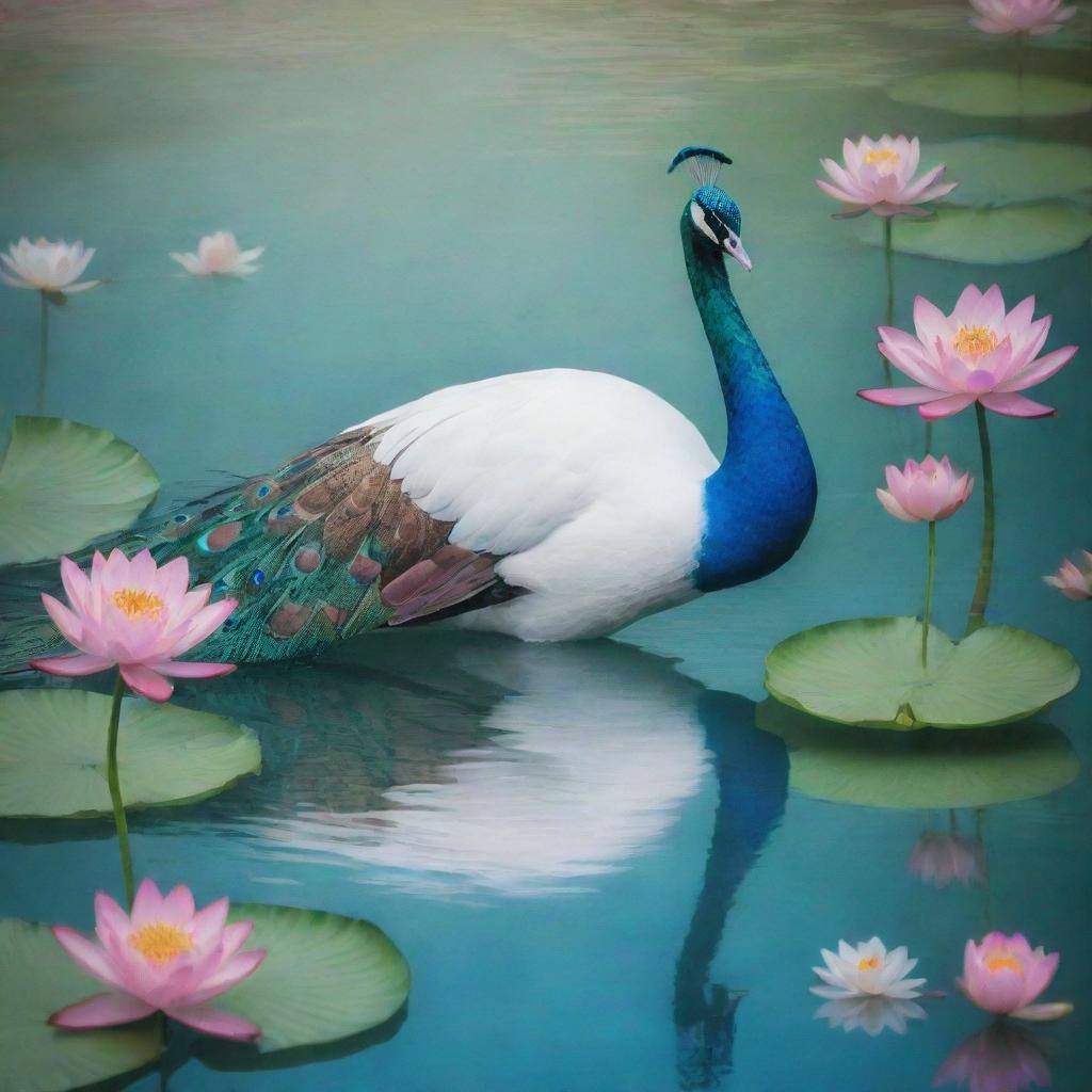 A vibrant peacock and a graceful swan gliding on a serene lake dotted with blooming lotus flowers