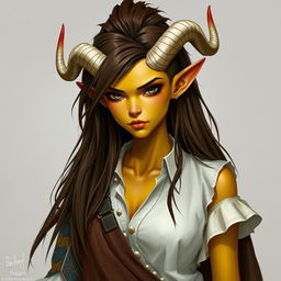 fantasy character of a female tiefling with yellow skin and all black eyes