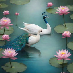 A vibrant peacock and a graceful swan gliding on a serene lake dotted with blooming lotus flowers