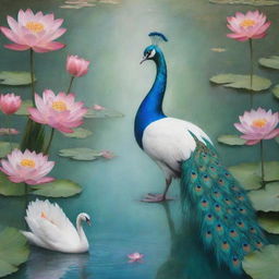 A vibrant peacock and a graceful swan gliding on a serene lake dotted with blooming lotus flowers