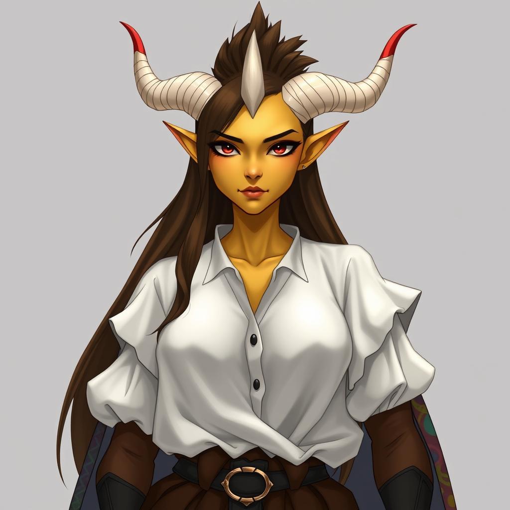 fantasy character of a female tiefling with yellow skin and all black eyes