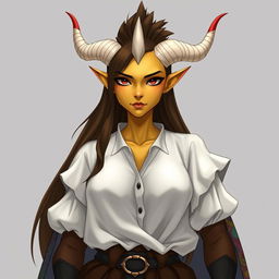 fantasy character of a female tiefling with yellow skin and all black eyes