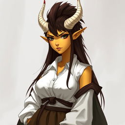 fantasy character of a female tiefling with yellow skin and all black eyes