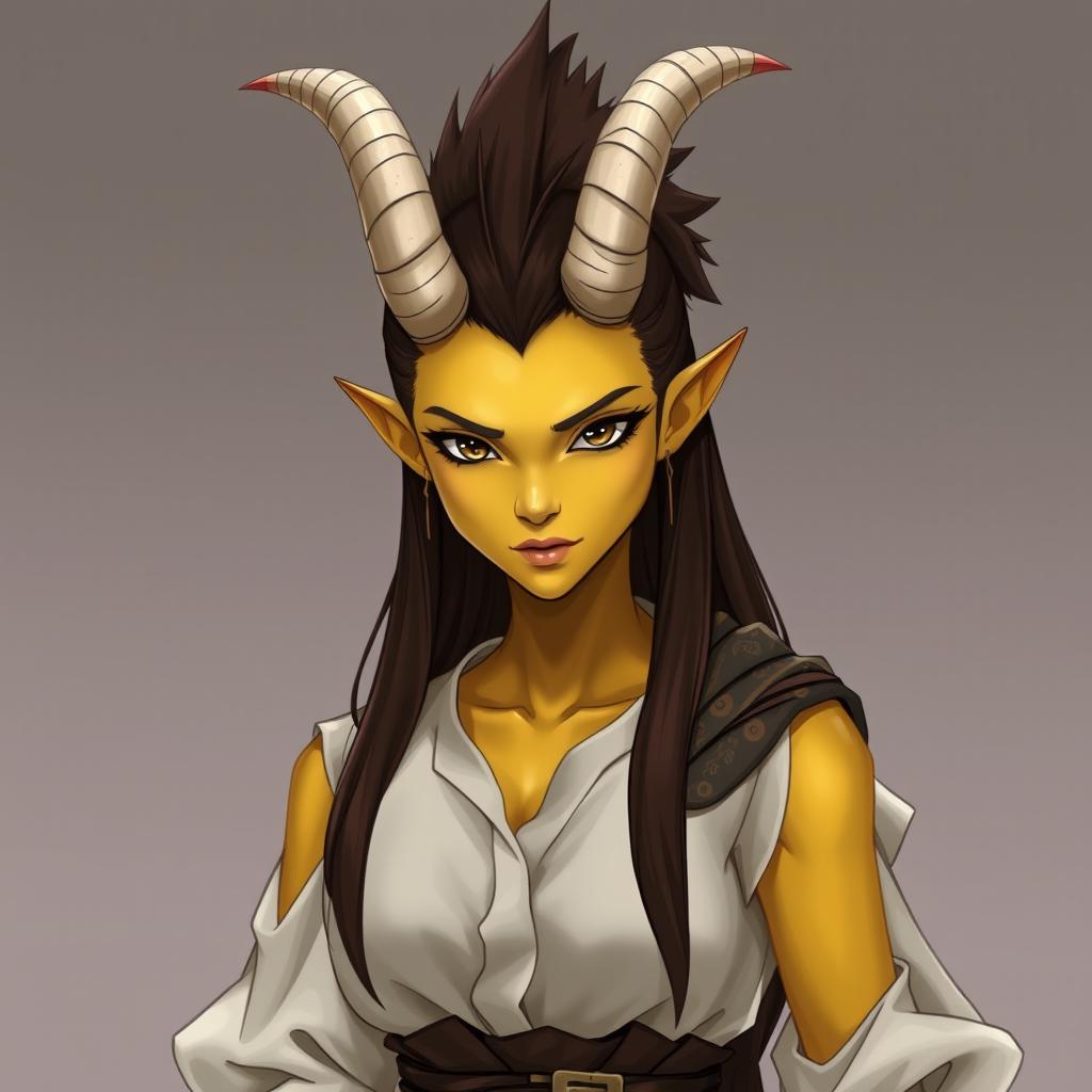 fantasy character of a female tiefling with yellow skin and all black eyes