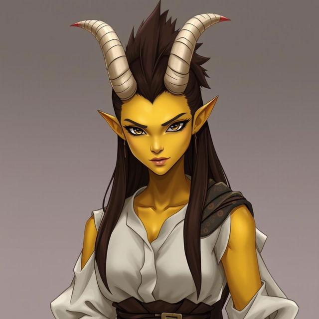 fantasy character of a female tiefling with yellow skin and all black eyes