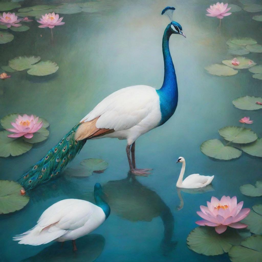 A vibrant peacock and a graceful swan gliding on a serene lake dotted with blooming lotus flowers