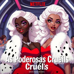 Movie poster for Netflix titled "As Poderosas Cruéis" with subtitle "versão original do livro," featuring two Barbie dream besties as Cruella-esque villainesses