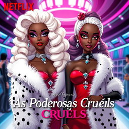 Movie poster for Netflix titled "As Poderosas Cruéis" with subtitle "versão original do livro," featuring two Barbie dream besties as Cruella-esque villainesses