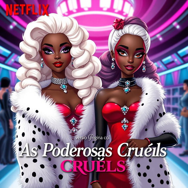 Movie poster for Netflix titled "As Poderosas Cruéis" with subtitle "versão original do livro," featuring two Barbie dream besties as Cruella-esque villainesses