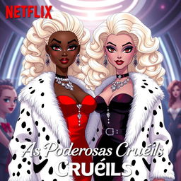 Movie poster for Netflix titled "As Poderosas Cruéis" with subtitle "versão original do livro," featuring two Barbie dream besties as Cruella-esque villainesses