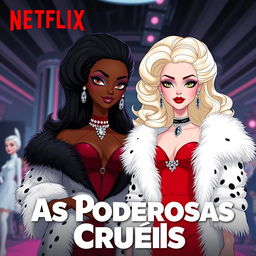 Movie poster for Netflix titled "As Poderosas Cruéis" with subtitle "versão original do livro," featuring two Barbie dream besties as Cruella-esque villainesses