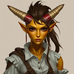 fantasy character of a female tiefling with yellow skin and small narrow all black eyes