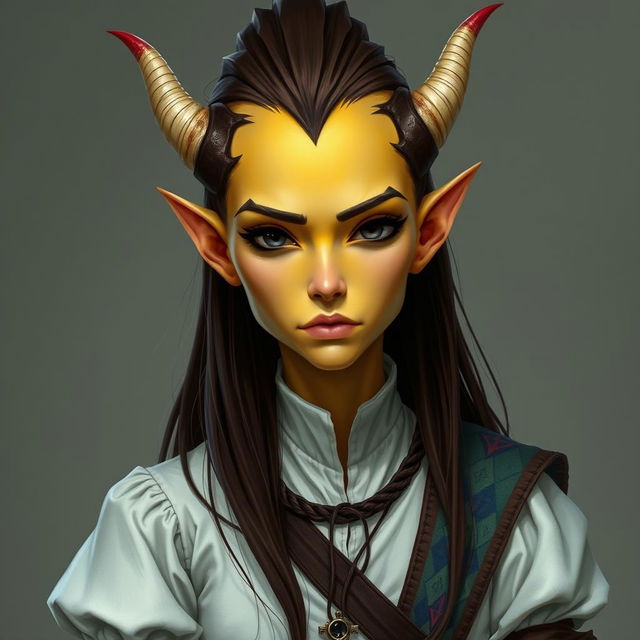 fantasy character of a female tiefling with yellow skin and small narrow all black eyes