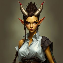 fantasy character of a female tiefling with yellow skin and small narrow all black eyes