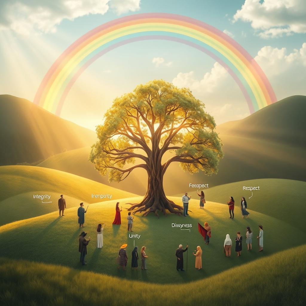 A conceptual representation of moral values, depicted as a serene landscape with a rainbow arching over a peaceful valley