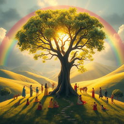 A conceptual representation of moral values, depicted as a serene landscape with a rainbow arching over a peaceful valley