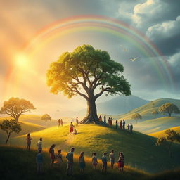 A conceptual representation of moral values, depicted as a serene landscape with a rainbow arching over a peaceful valley