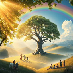 A conceptual representation of moral values, depicted as a serene landscape with a rainbow arching over a peaceful valley